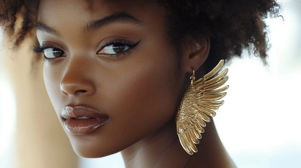 A bold gold wing earring worn by a woman, representing strength, freedom, and modern style in wing jewelry.
