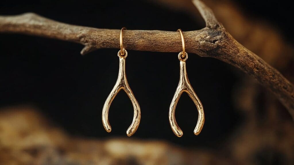 Gold wishbone earrings hanging on a branch, representing hope and prosperity, an elegant accessory for good fortune and style.
