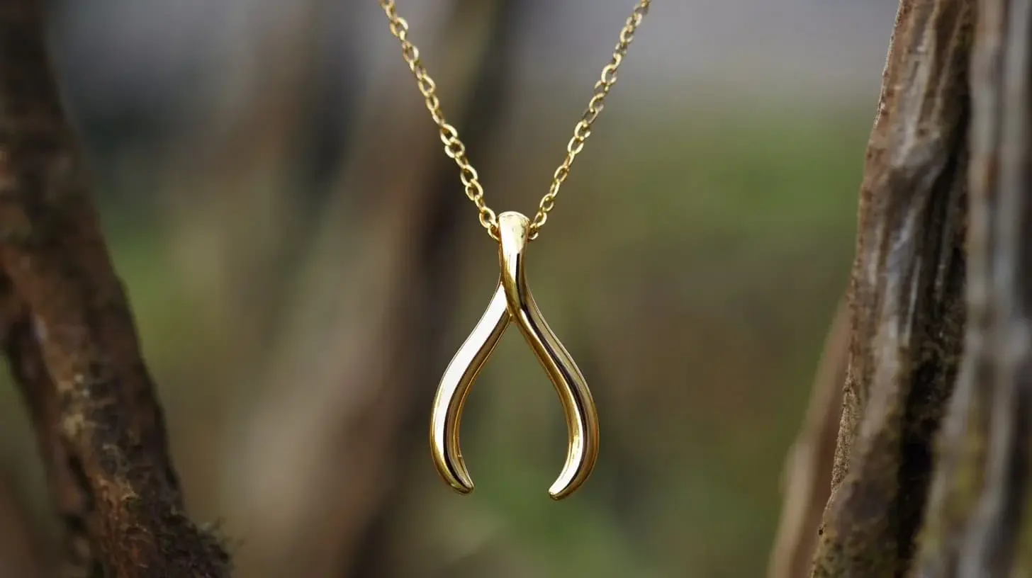 Gold wishbone pendant on a chain hanging between bare branches