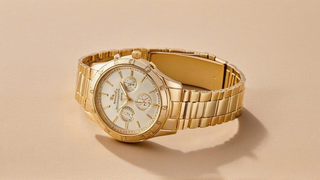Gold wristwatch with chronograph subdials and matching gold bracelet on beige background