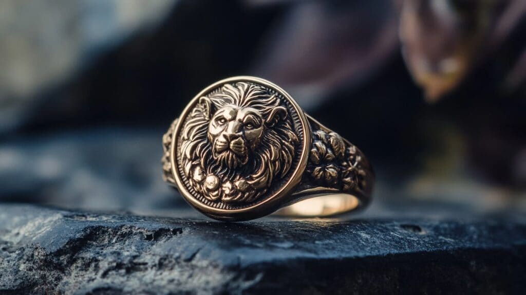 Gold lion signet ring with detailed craftsmanship, symbolizing leadership and protection.
