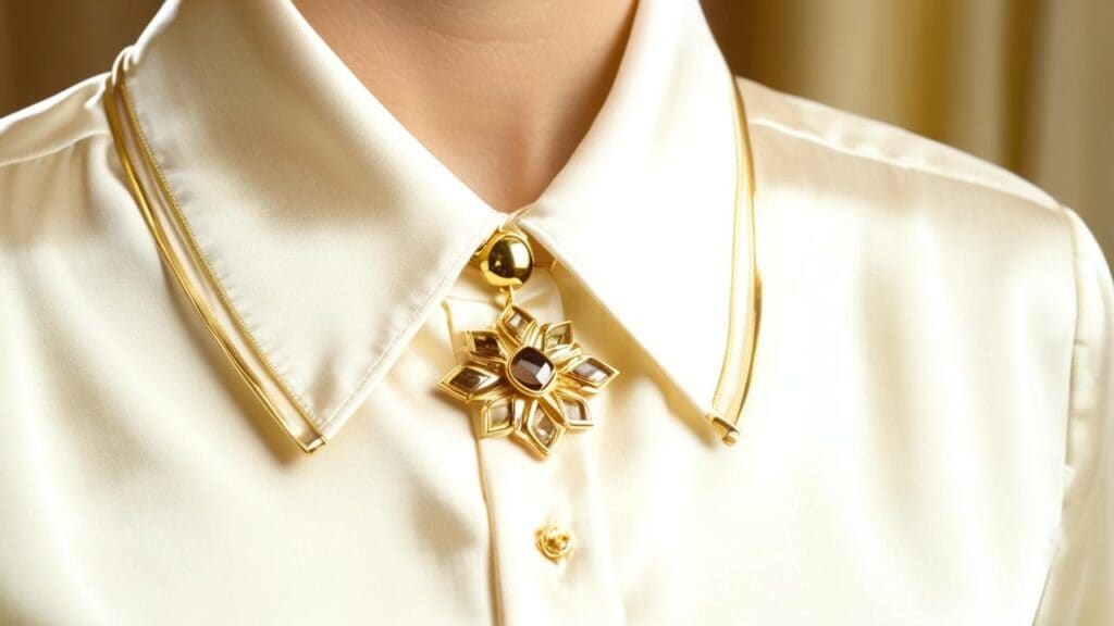 A gold floral brooch with a gemstone center, elegantly fastened at the collar of a cream silk blouse, adding a sophisticated touch to the outfit.