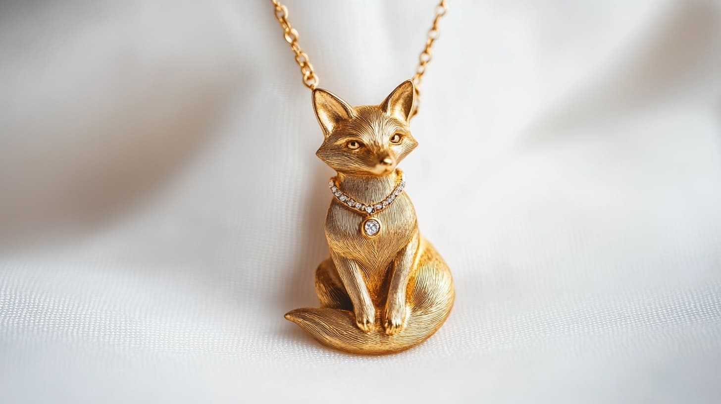 Textured gold fox pendant wearing a diamond collar, on a gold chain