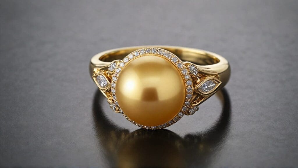 A luxurious golden South Sea pearl engagement ring set in a yellow gold band, adorned with sparkling diamonds for an opulent look.