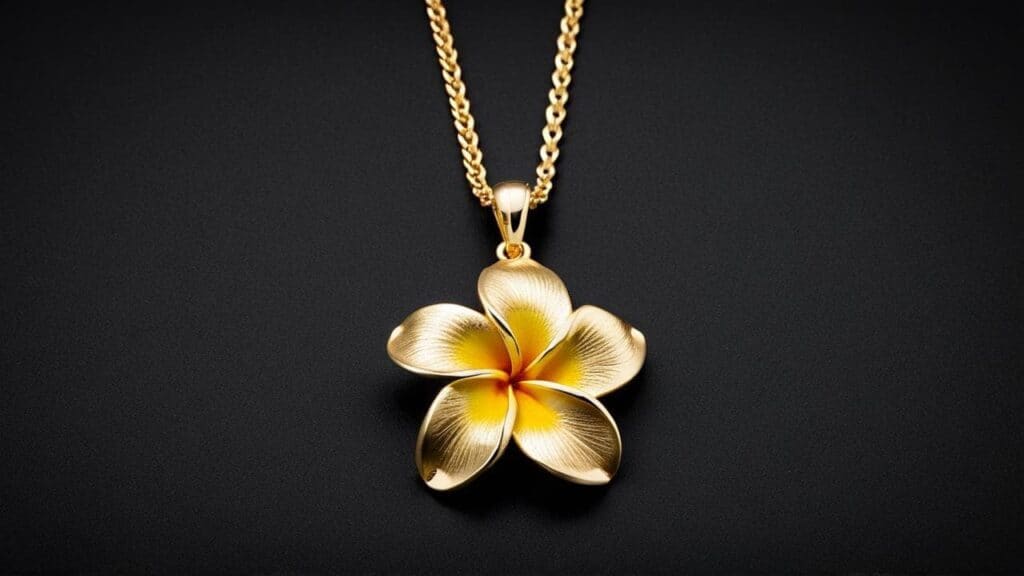 Gold plumeria flower pendant symbolizing beauty and new beginnings in traditional Hawaiian jewelry