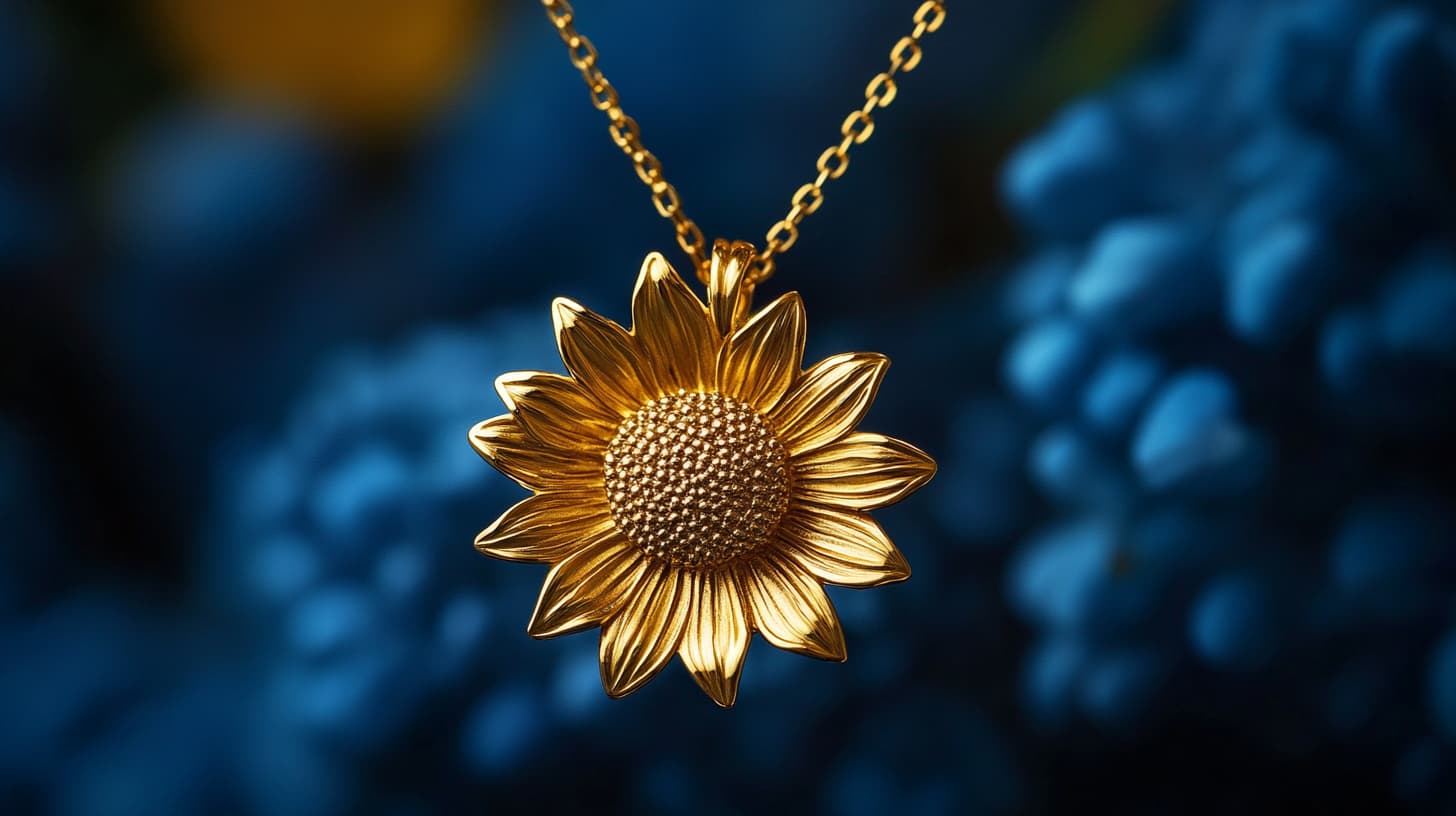 Gold sunflower pendant with textured center on a chain against blue blooms