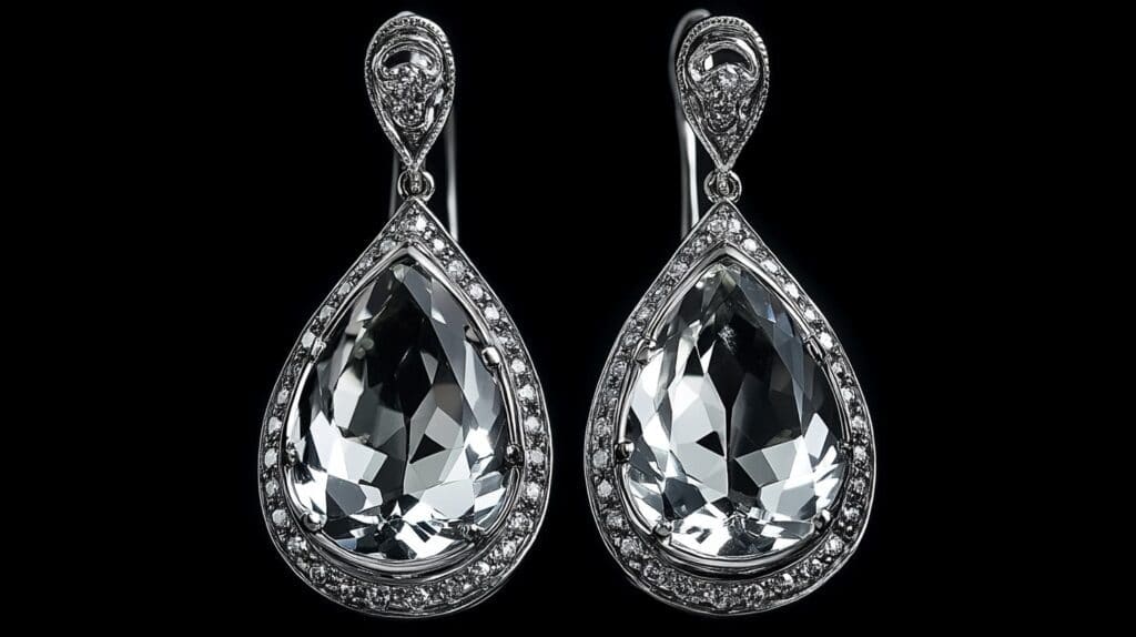 Elegant teardrop-shaped Goshenite earrings surrounded by a halo of diamonds, set in silver with a high-polish finish.