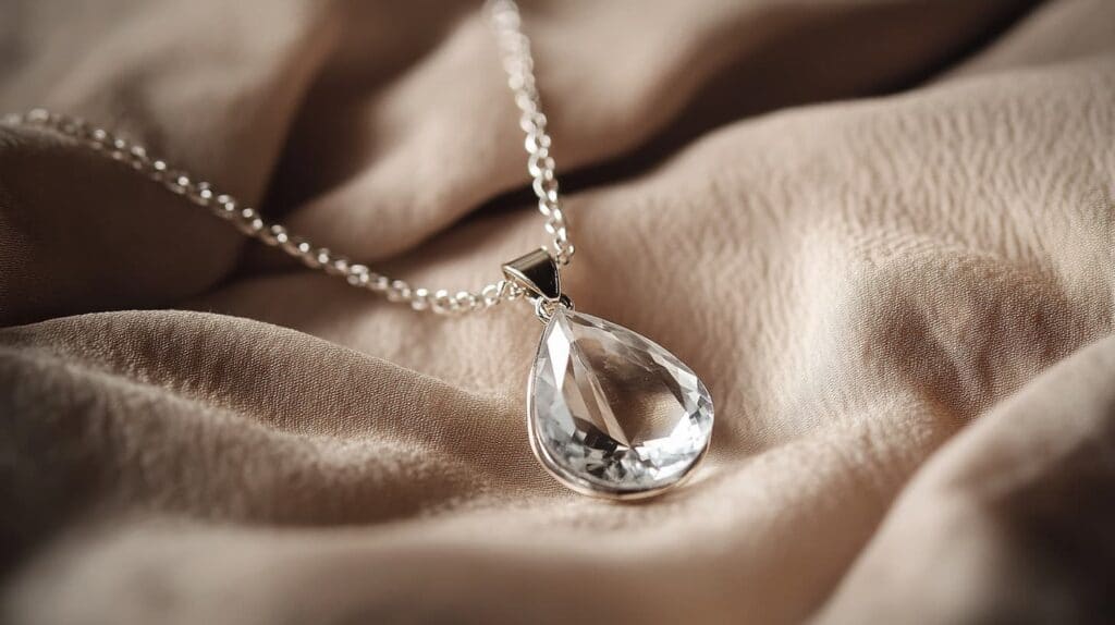 A pear-shaped Goshenite pendant set in silver, displayed on a delicate chain with a soft fabric background.