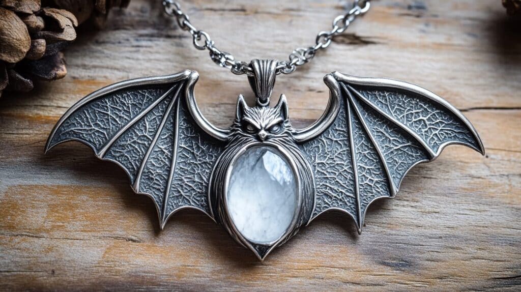 Detailed Gothic bat pendant in oxidized silver with a moonstone centerpiece, showcasing intricate wing patterns and representing spiritual protection.