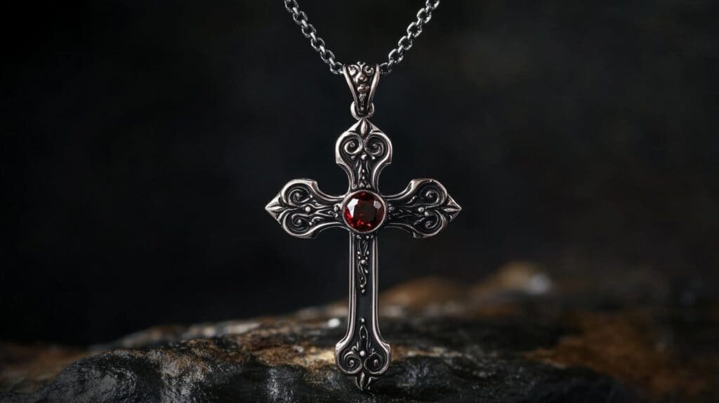 Victorian-style Gothic cross pendant featuring intricate engravings and a central red gemstone, symbolizing the dramatic and religious motifs in Gothic jewelry.