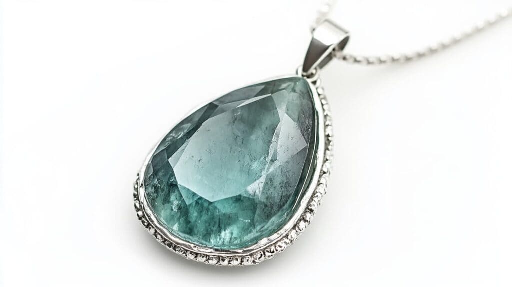 A beautiful teardrop-shaped grandidierite pendant set in silver, featuring a translucent blue-green gemstone with a delicate, vintage-inspired design.