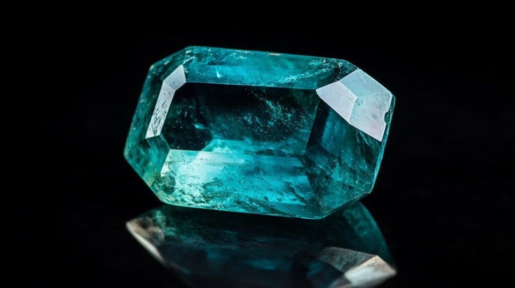 Close-up of a faceted Grandidierite gemstone with a deep blue-green hue, displayed on a reflective black surface.