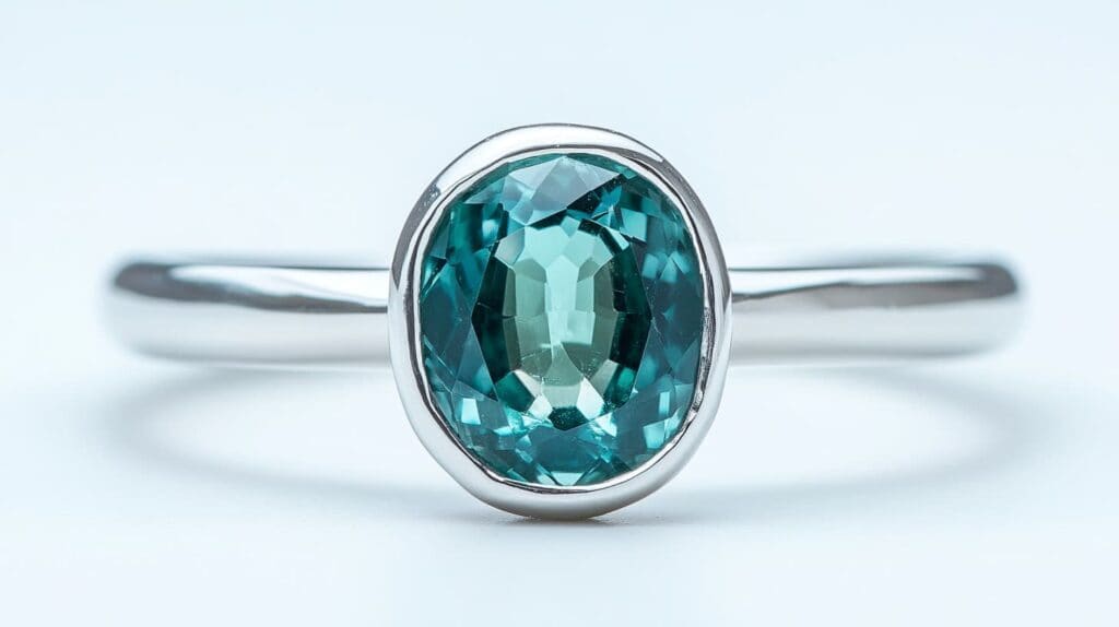 An elegant oval-cut grandidierite gemstone set in a sleek white gold ring, showcasing its vibrant blue-green color and faceted brilliance.