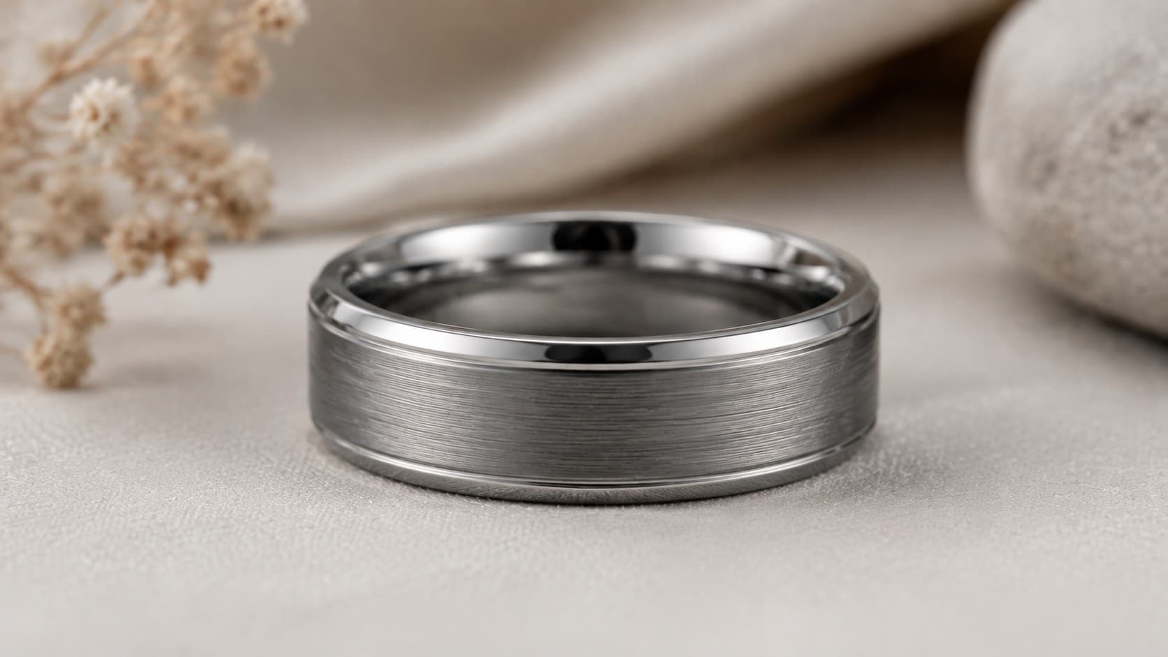 Front view of a gray gold wedding band with a matte brushed finish