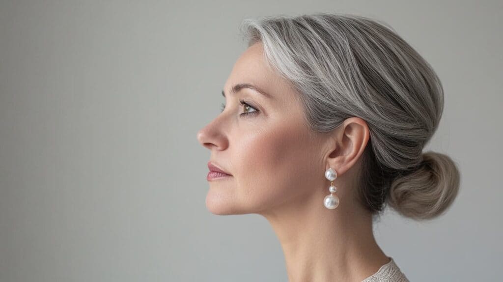 Elegant woman with gray hair styled in a bun, wearing pearl drop earrings, perfect for enhancing cool-toned hair.