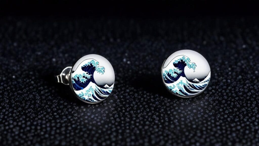Stud earrings featuring The Great Wave off Kanagawa design, symbolizing ocean strength and Japanese artistry.