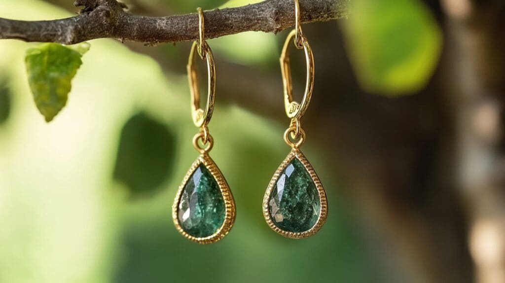 Elegant green apatite drop earrings with pear-shaped gemstones set in gold, hanging gracefully from a tree branch with natural lighting.