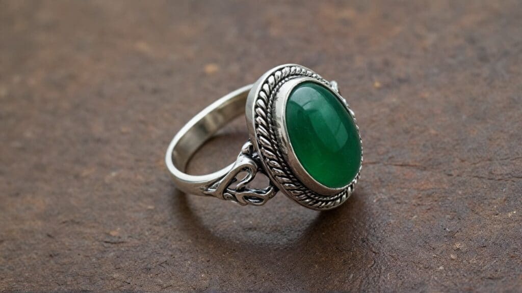 Elegant green aventurine cabochon set in an ornate silver ring with intricate detailing, placed on a textured brown surface.