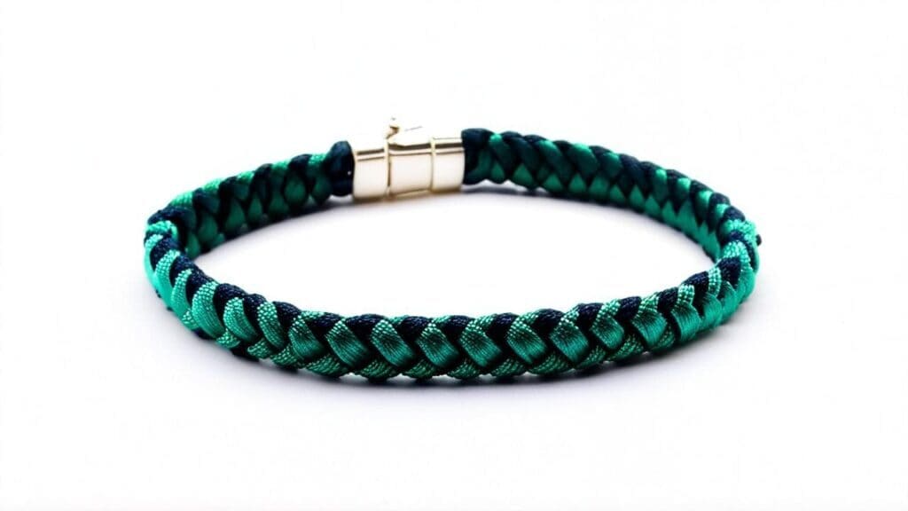 Dark green and black woven thread bracelet with a shiny metal clasp, showcasing a neat braid pattern.