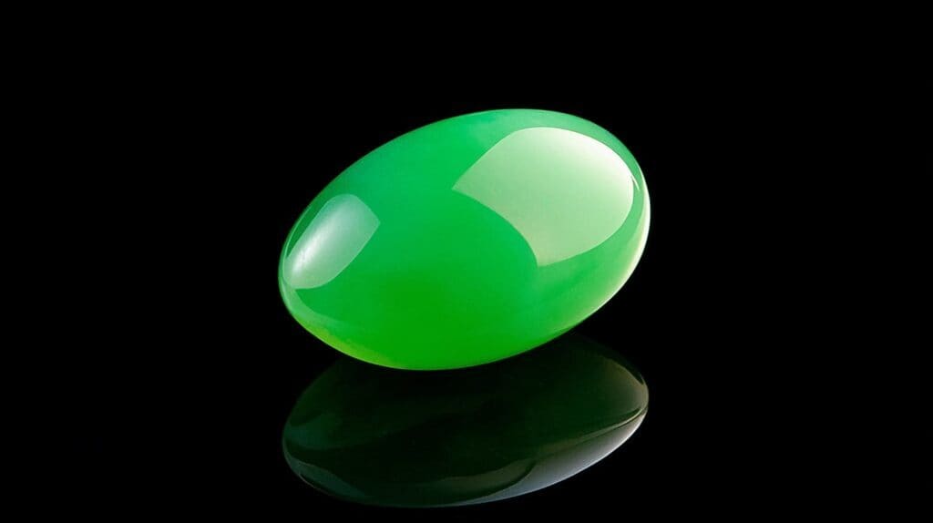 A vibrant green chalcedony gemstone with a smooth, polished surface, reflecting light against a black background.