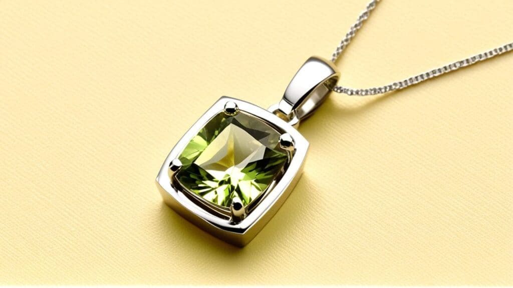 Square-cut green diaspore pendant necklace in sterling silver with a modern bezel setting