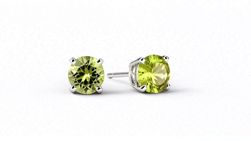 Green diaspore stud earrings set in white gold, highlighting the gemstone’s brilliance and clarity