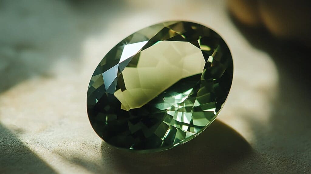 Close-up of a faceted green kornerupine gemstone displaying strong pleochroism and excellent transparency, set against a neutral background.