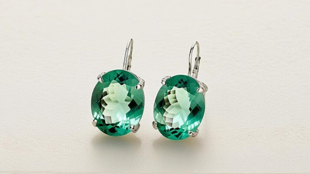 Pair of green fluorite drop earrings in silver settings, highlighting the brilliance and clarity of fluorite gemstones in jewelry.
