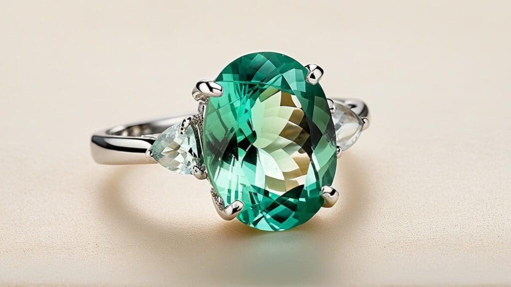 Elegant green fluorite gemstone ring set in a silver band, showcasing the vibrant color and faceted cut of fluorite jewelry.