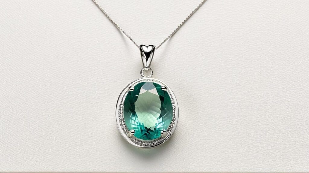 Green fluorite gemstone pendant necklace in an elegant silver setting, illustrating the beauty of fluorite in fine jewelry.