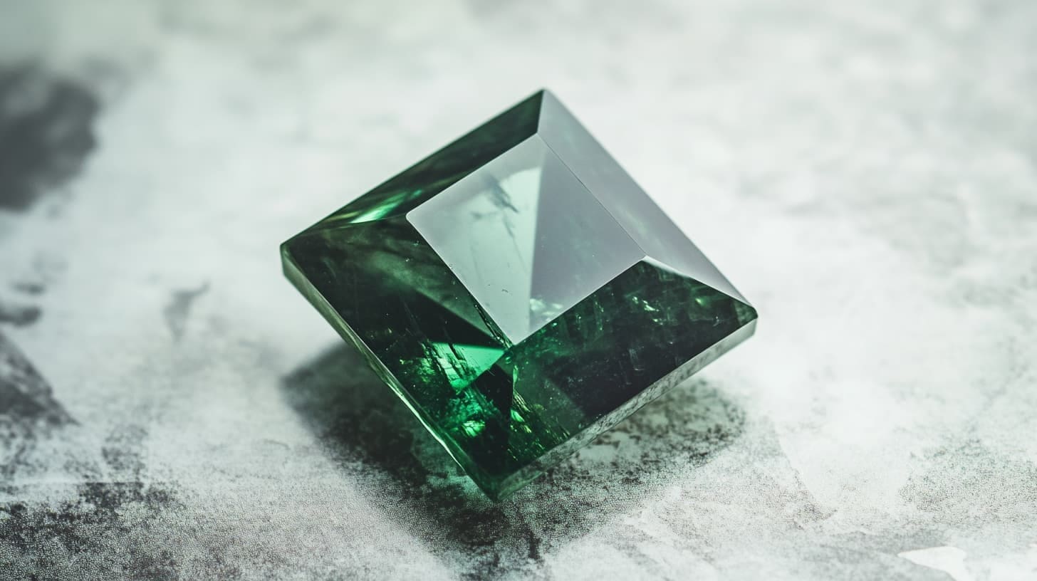 Square step-cut gahnite in deep green on a pale marbled surface