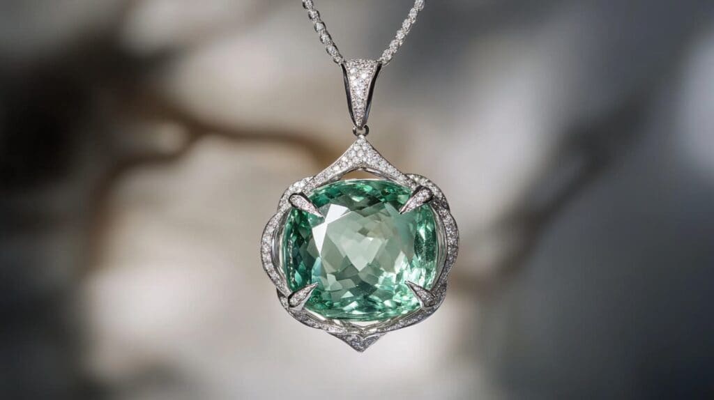 Elegant pendant featuring a cushion-cut green gahnite gemstone surrounded by a diamond halo, set in a silver setting.