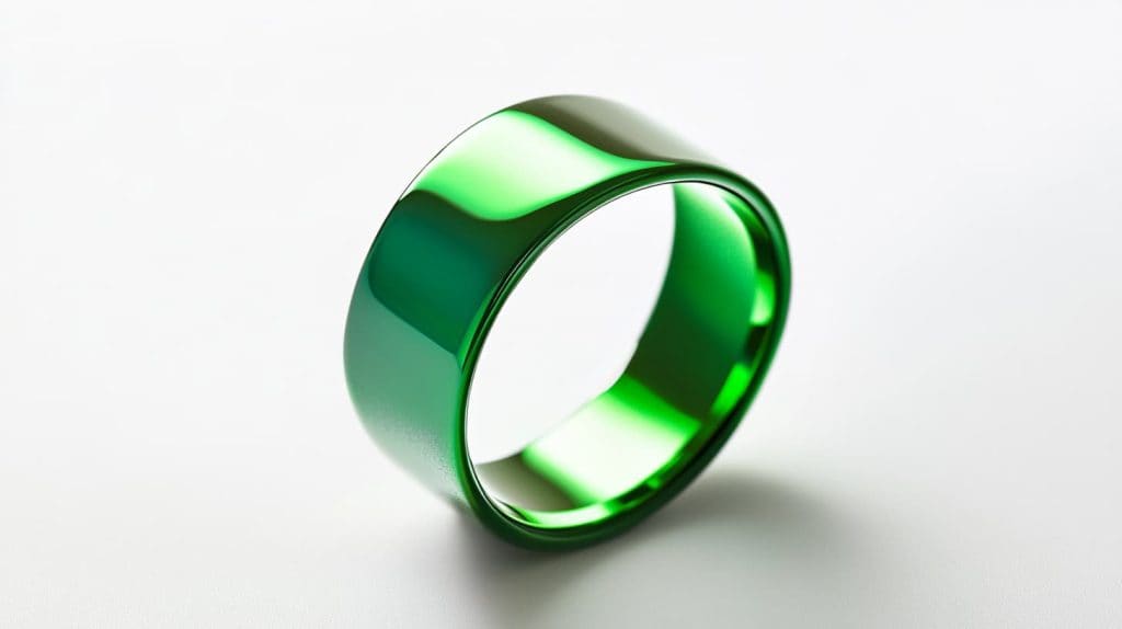 Sleek green gold band ring with a minimalist design, emphasizing its smooth finish and unique color.