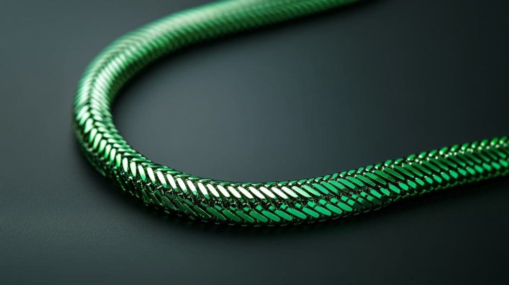 Green gold snake chain necklace with a shimmering, textured pattern on a dark background.