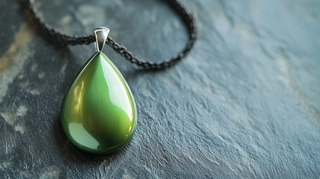 Elegant green gold teardrop pendant on a black chain, displayed on a textured slate surface.