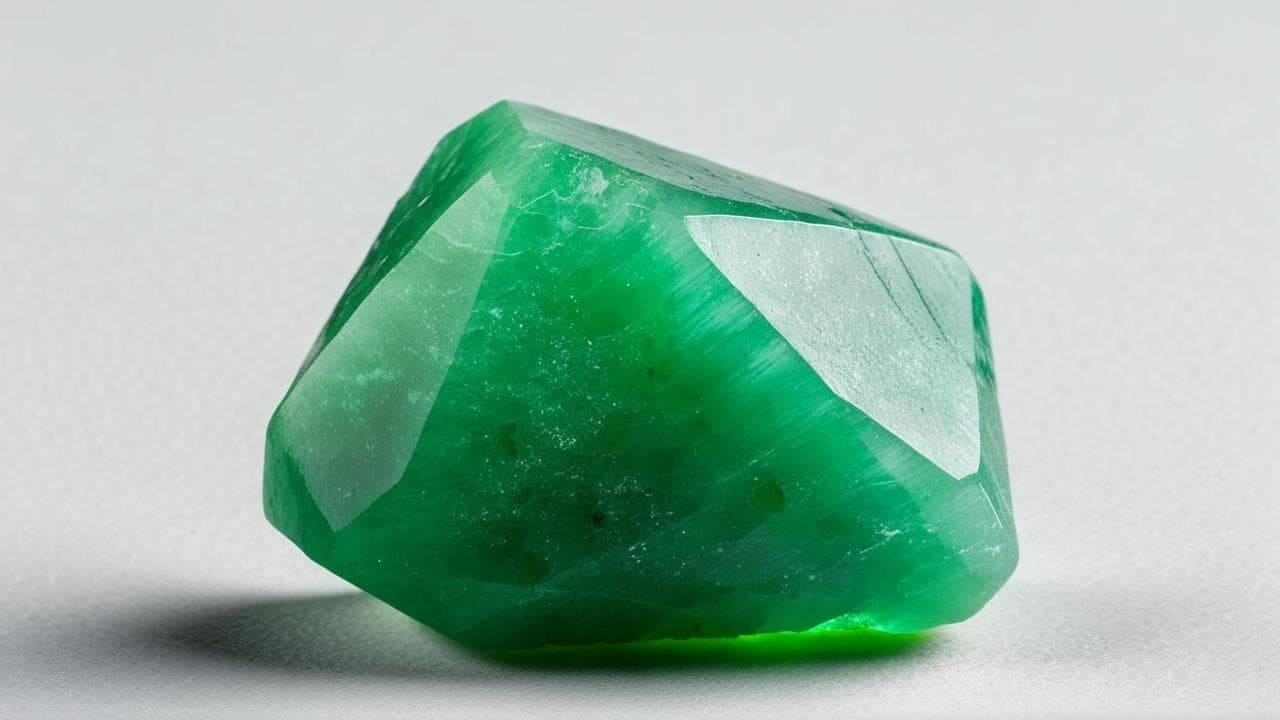 Rough green heart chakra crystal with faceted surfaces on white