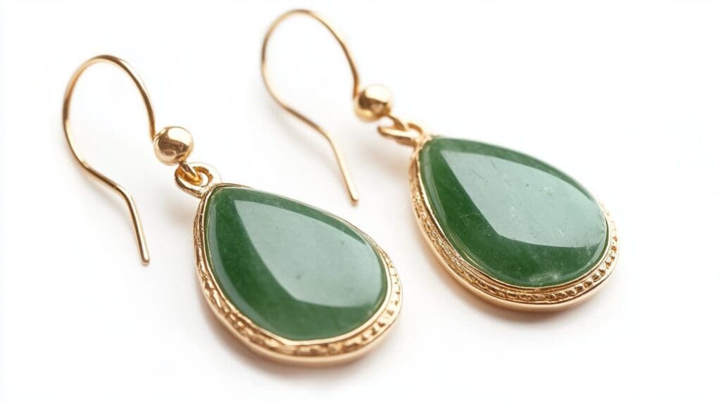 Pair of green jade teardrop earrings framed in gold, showcasing the stone's vibrant color and polished surface.