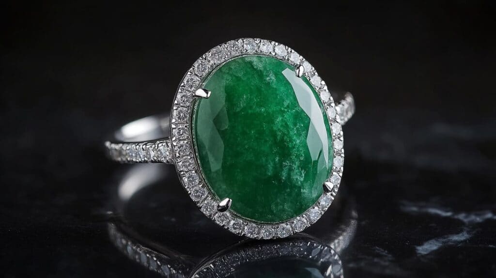 Luxurious green jade ring surrounded by a halo of diamonds, set in white gold for an elegant and timeless look.