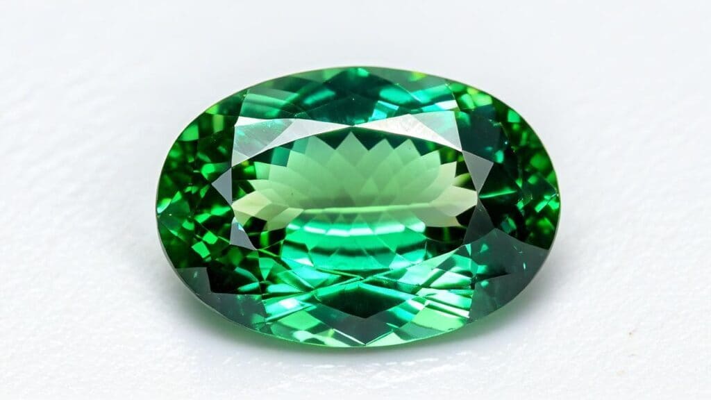 Vivid green sapphire gemstone with sparkling oval cut displayed on light surface