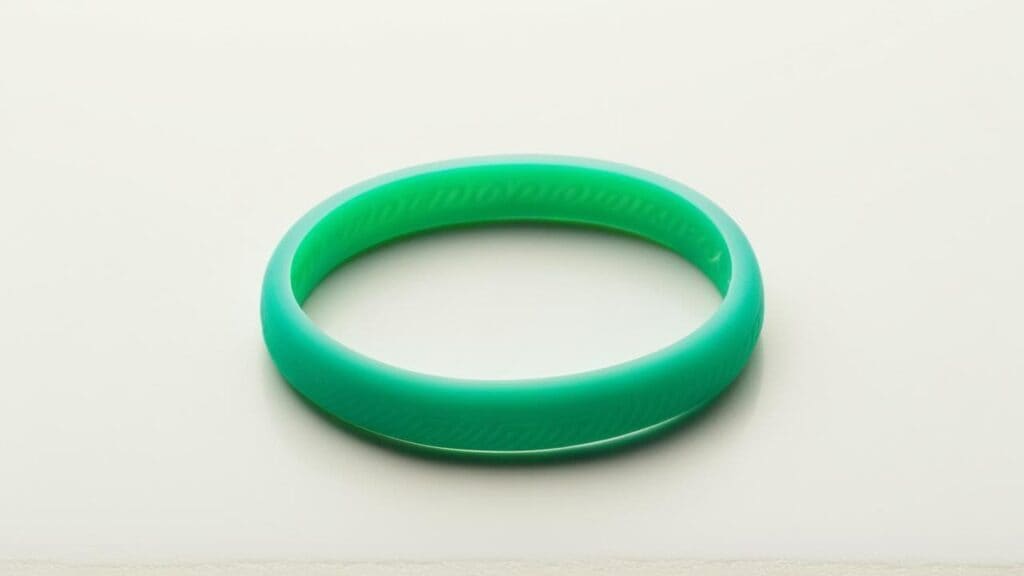 Bright green silicone bracelet bangle on white background, demonstrating durable waterproof jewelry for active lifestyles