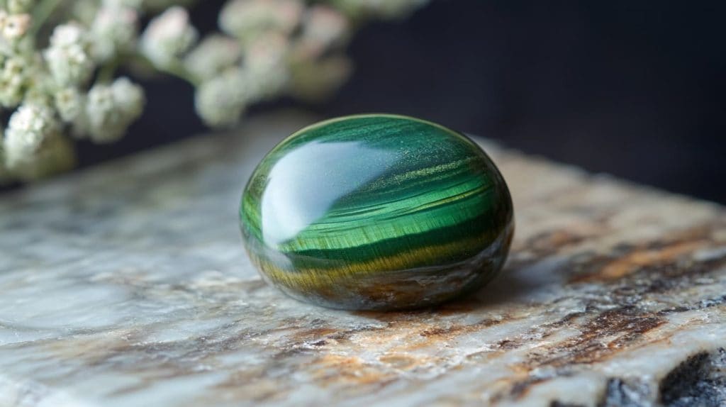 Polished Green Tiger's Eye gemstone with vibrant green and golden chatoyant bands, placed on a textured stone surface with natural lighting.
