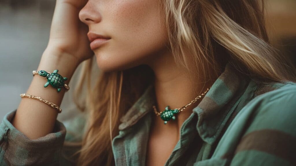 Woman wearing a green turtle bracelet and matching necklace, symbolizing harmony with nature and environmental connection.