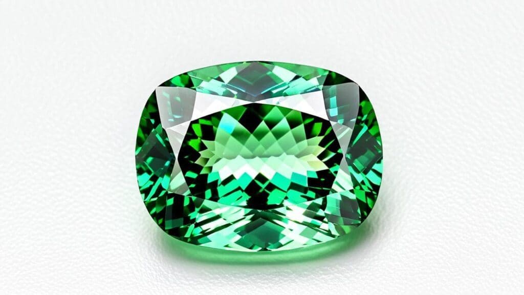 Cushion-cut green zircon gemstone with brilliant facets, representing one of the rare and naturally colorful varieties of zircon.