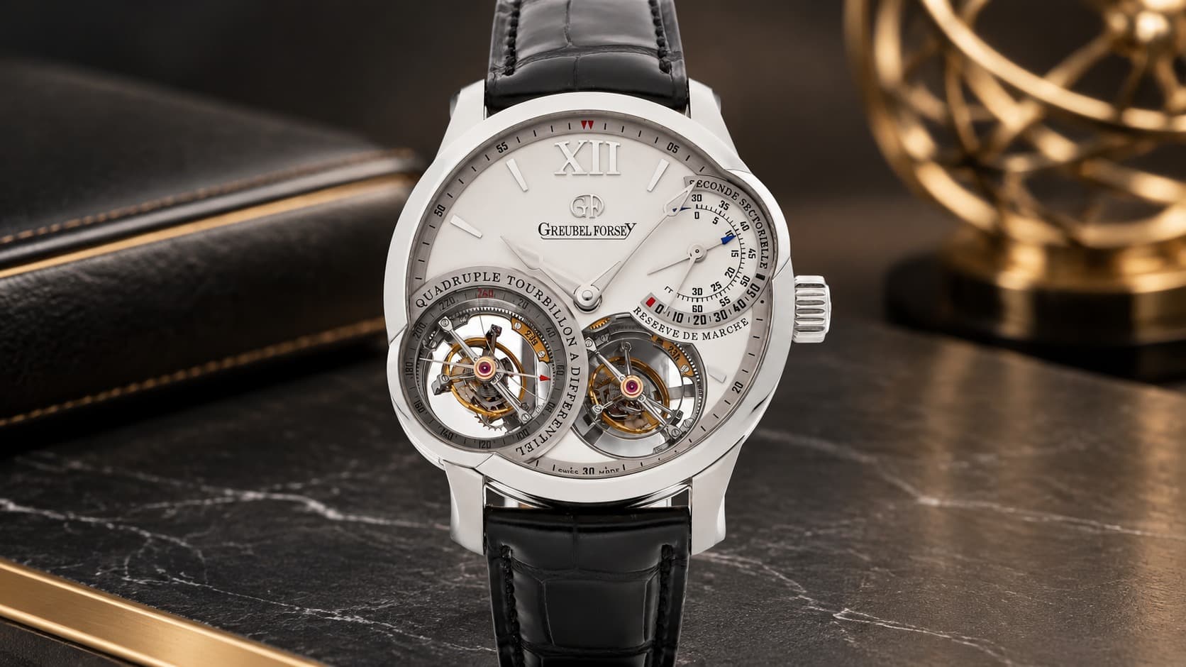 Greubel Forsey Quadruple Tourbillon watch showing two visible tourbillon cages on the dial