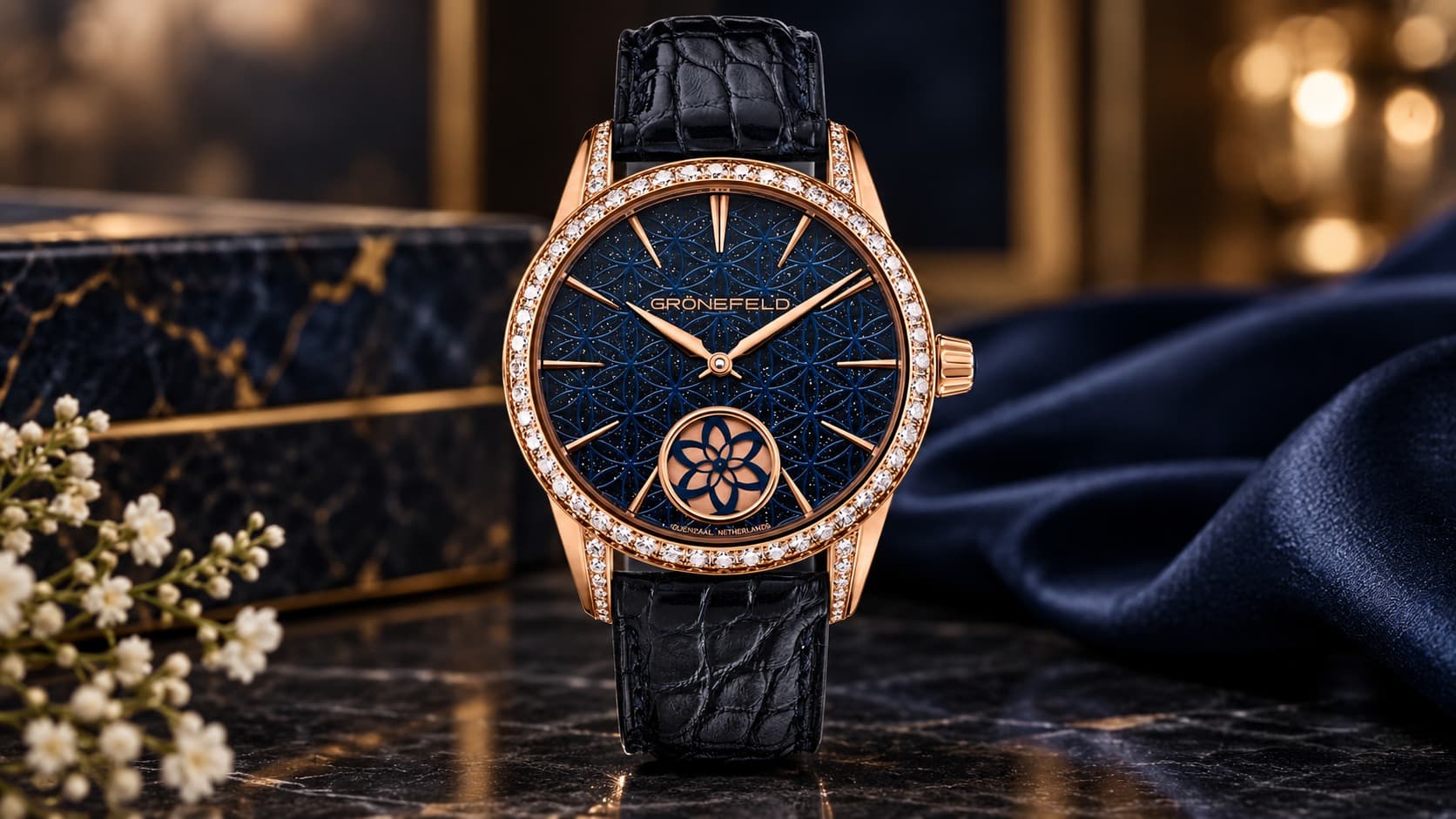 Grönefeld 1944 Tanfana rose gold watch with diamond bezel and blue guilloché dial