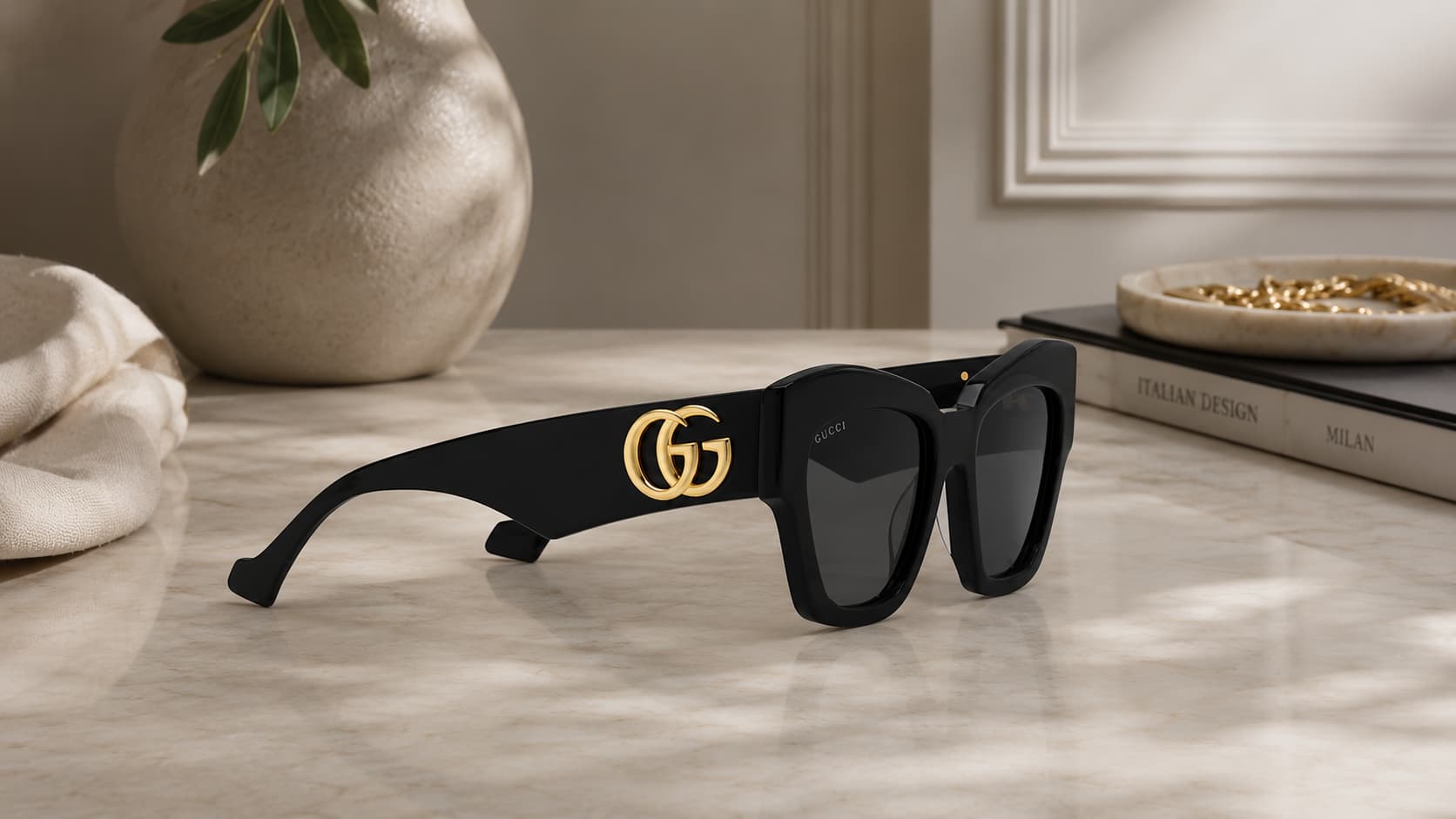 Gucci sunglasses temple arm with gold GG logo used to check authenticity