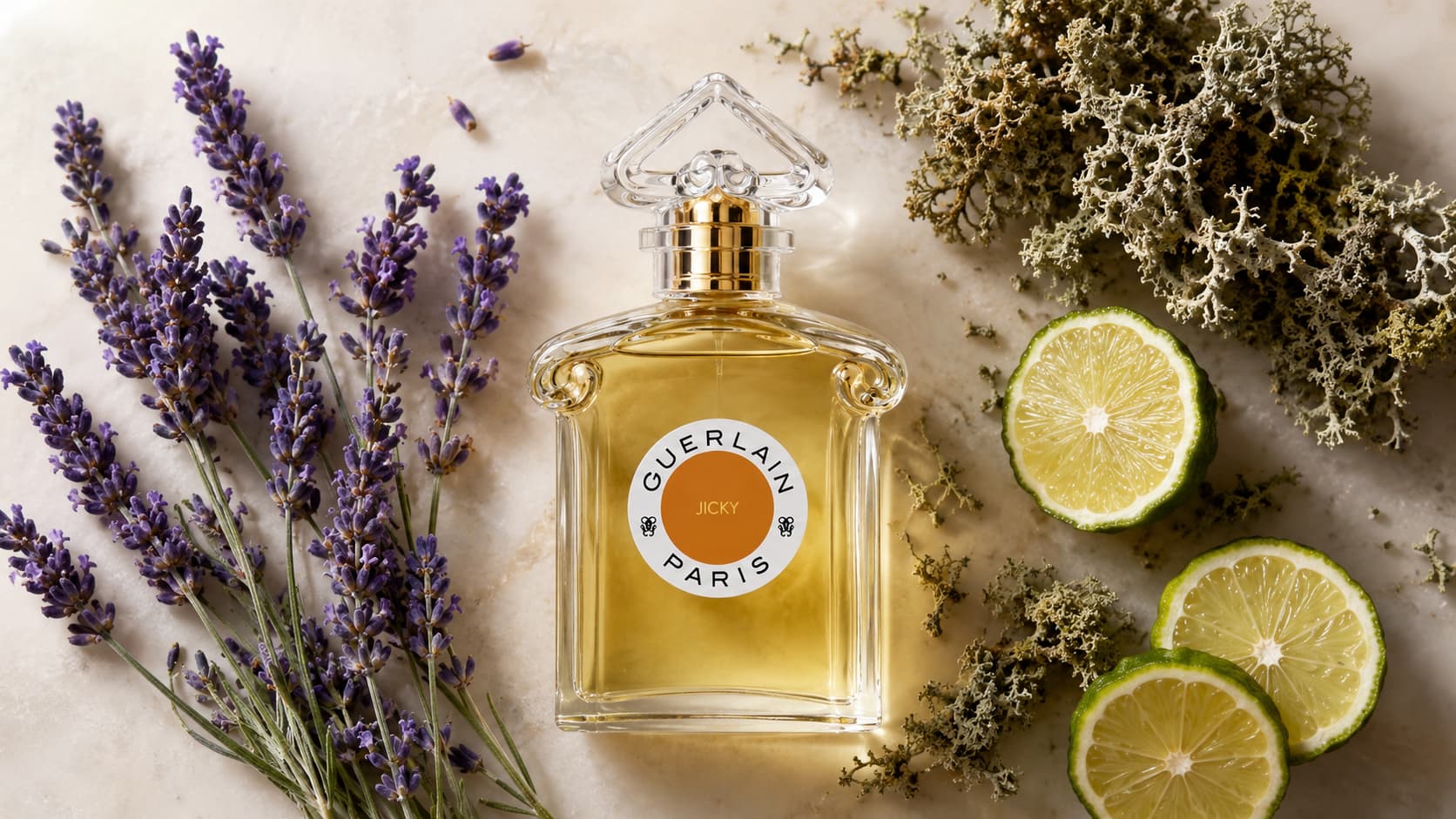 Guerlain Jicky perfume bottle surrounded by lavender, lime, and oakmoss, the classic fougère fragrance notes