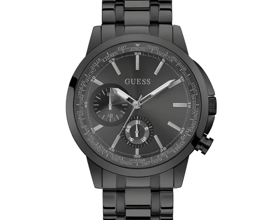 Guess chronograph watch in gunmetal finish featuring multiple subdials, world time cities on bezel, and stainless steel bracelet for sporty luxury appeal