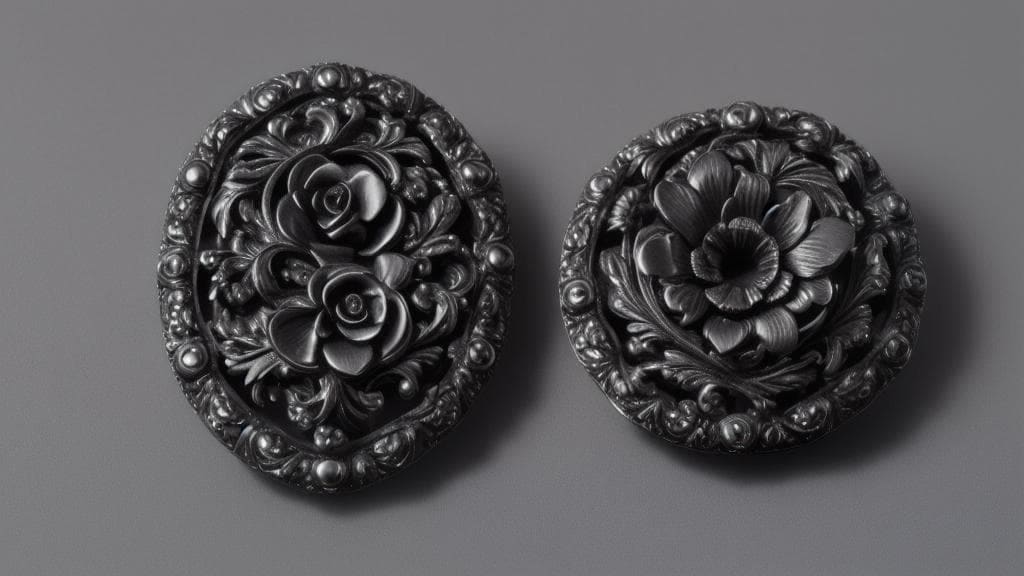 Gutta-percha mourning brooches with intricate floral carvings, reflecting Victorian mourning jewelry craftsmanship.