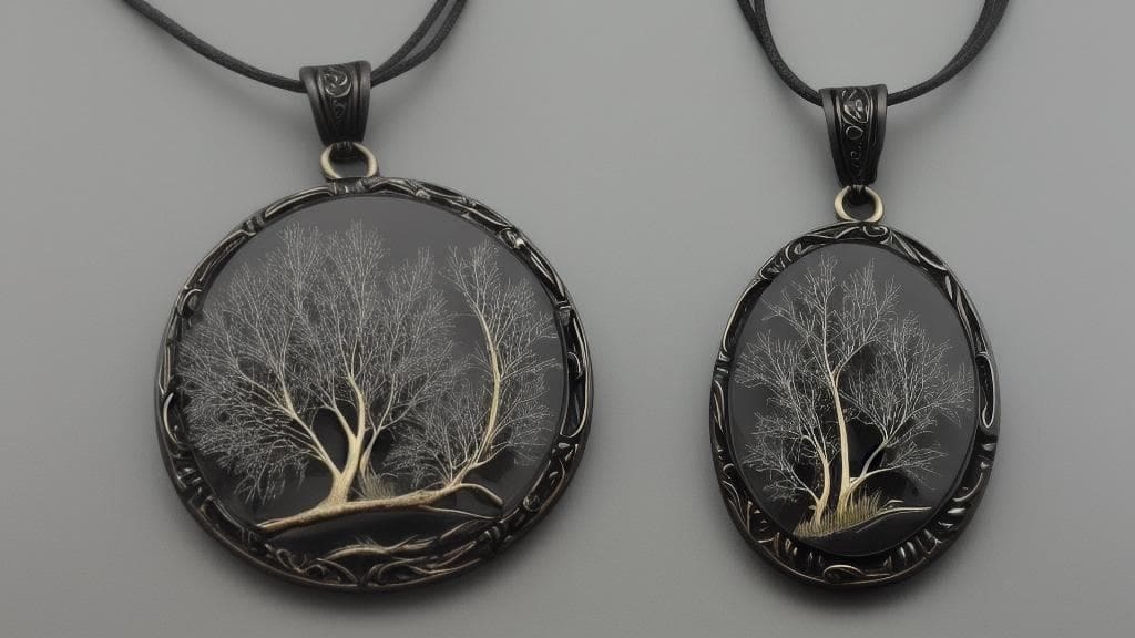 Two black mourning pendants with pale bare-tree scenes in carved frames on cords